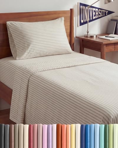 Twin XL 3 Piece Sheet Set - College Dorm Room Essentials - Beige Stripes by CGKUnlimited
