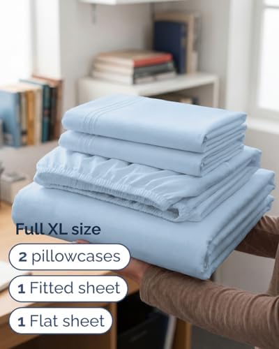 Full XL Sheets - 4 Piece Full XL Sheet Set - Cool & Breathable - Light Blue - Image 3