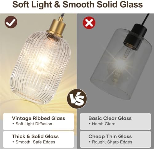 2 Pack Pendant Lights with Vintage Clear Ribbed Glass Lampshade, Adjustable Brushed Gold Pendant Lights Fixtures for Kitchen Island Lighting Sink, Dining & Living Room Hallway (Bulbs Not Included) - Image 7