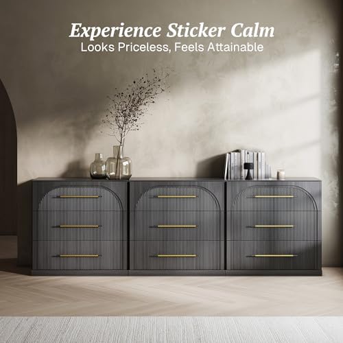 BELLEZE Set of 3 Fluted Modular Sideboard Cabinet, 97'' Classic Modern Buffet Cabinet with 3 Drawers, Accent Credenza Cabinet for Living Room Kitchen Entryway (Ebony) - Image 4