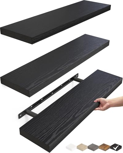 BAYKA Floating Shelves for Wall, 22.5 inches Wall Mounted Rustic Wood Shelves for Bathroom, Bedroom, Living Room, Floating Shelves for Books/Storage/Decor (Black,Set of 3) by Bayka