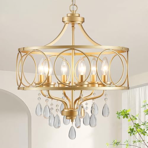 6-Light Modern Gold Crystal Chandelier, 17.7" Farmhouse Ceiling Light Fixture, Hanging Metal Pendant Lights Kitchen Island Dining Room Entryway Foyer by Majhoiw
