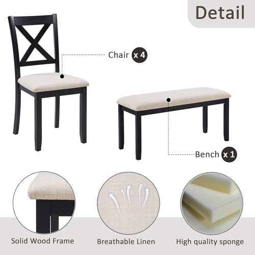 Harper & Bright Designs Dining Table Set for 6 with Bench, 6-Piece Farmhouse Kitchen Set in Black & Oak Two-Tone, Solid Wood Frame Table & 4 Chairs for Dining Room - Image 5