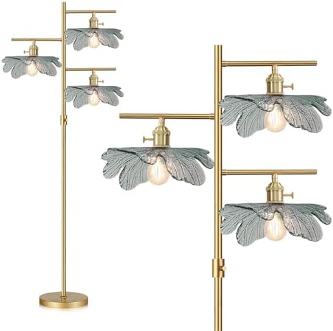 Vintage Floor Lamp Farmhouse Floor Lamps for Living Room, Brass Tree Lamps Dimmable Standing Lamp Tall Lamps with Dark Green Glass Shade, Gold Flower Floor Light for Bedroom Corner Study by Auwieou