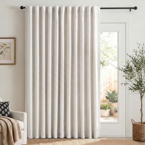 Linen Textured Total Blackout Sliding Door Curtains 90 Inches Long, Beige by 100BlackoutShield