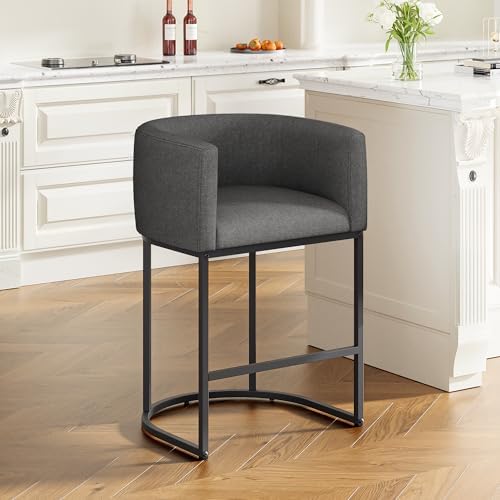 26" H Counter Height Bar Stools Set of 1, Modern Barrel Counter Stools with Backrest and Arms, Linen Fabric Upholstered Accent Barstools for Kitchen Island,Support 450 LBS (Carbon Black) by VATROS