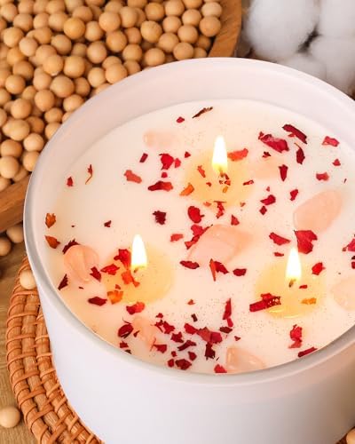 AOOVOO Rose Scented Candles for Women - 20oz 3 Wick Soy Candles for Home Scented, Aromatherapy Candle with Crystals Inside, Birthday Gifts Valentines Day Candle for Women Mom - Image 3