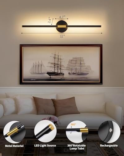 24" Battery Operated Wall Sconce Set of 2, 350° Rotating Lamp, Black Gold - Image 6