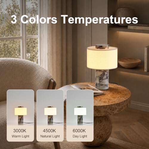 Marble Table Lamp, Natural Stone Touch Control Bedside Lamp with 3 Color Temperatures, Linen Fabric Shade, Modern Nightstand Lamp for Bedroom Living Room, Plug-in - Image 5