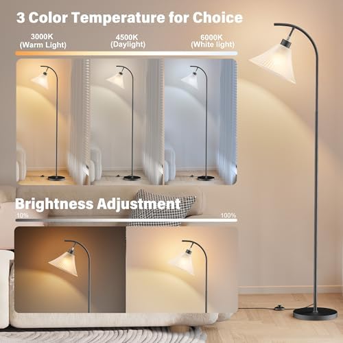 SIBRILLE Glass Floor Lamp, Dimmable Black Standing Lamp with Remote Control & 3 Color Temperatures, Modern Arc Floor Lamps for Living Room Bedroom Office Corner, 9W LED Bulb Included - Image 2