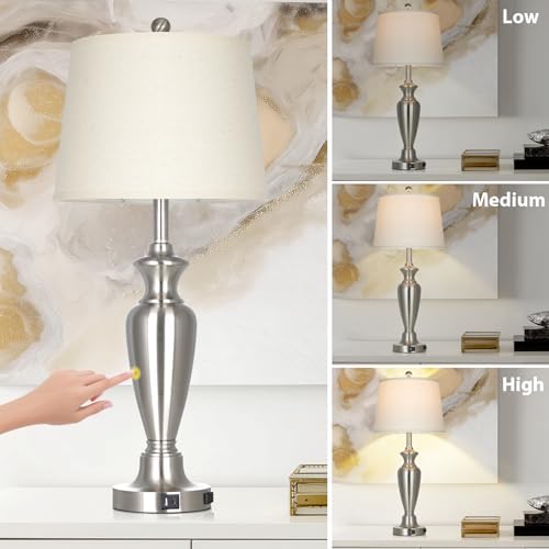Cinyirong 30" Tall Silver Table Lamp for Living Room, 3-Way Dimmable Touch Control Bedside Lamp for Bedroom Nightstand with USB A+C Ports & AC Outlet (1 Pack) - Image 4