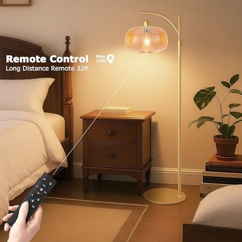 Glass Floor Lamp for Living Room, Modern Standing Lamp for Bedroom, Dimmable Tall Lamp with Shade, Remote,12W LED Bulb Included (Gold+Amber) - Image 5