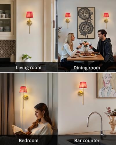KDG Gold Cordless Wall Sconces Set of 2, Red Fabric LED Wall Lamps - Image 6