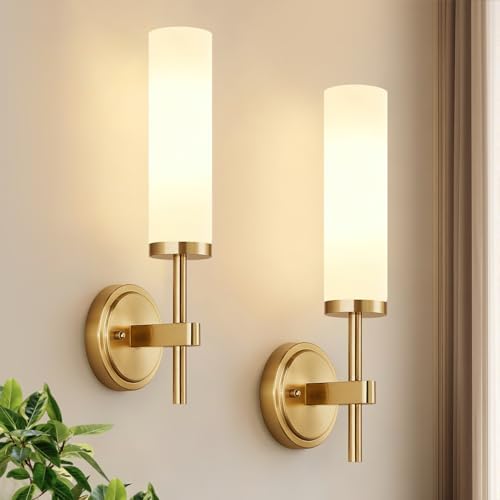 [Hardwired] Wall Sconces Set of Two, Brushed Gold Bathroom Sconces with Milky White Glass, Modern Wall Light Fixtures for Bathroom Mirror Vanity, Living Room, Hallway, Stairway, Cabinet, Foyer by Bathroomlightfixtures
