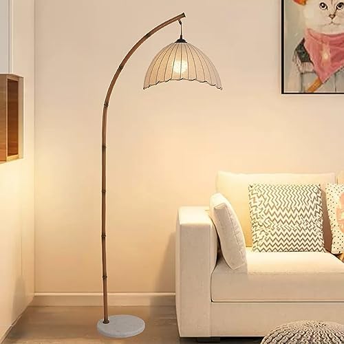Retro Floor Lamp Unique Bamboo Color Floor lamp Bohemian Hanging Arc Floor Lamp with Antique Rattan Style Vertical Standing tall Lamp for Bed Room Farmhouse Study Living Room Indoor decoration by KardleenFocusOnIndoorLight