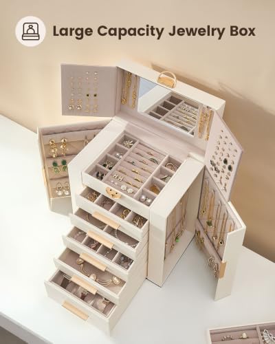 Lolalet Large Jewelry Box, 6-Layer Jewelry Organizer with 5 Drawers -Beige - Image 2