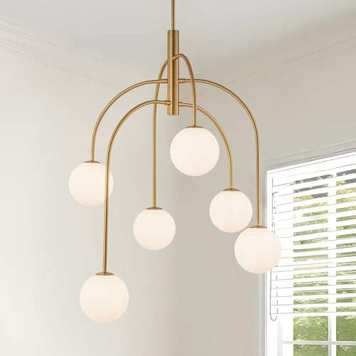 LamQee 6 Lights Mid Century Modern Chandelier, Milk Glass Globe Chandelier Light Fixture with Gold Metal & White Ball, Large Pendant Lighting Ceiling Hanging for Dining Room Kitchen Island Entryway by LamQeeLights