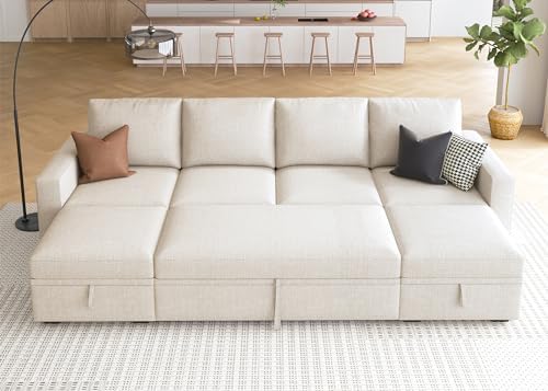 HONBAY Modular Sectional Sleeper Sofa Bed, Sectional Couch with Pull Out Bed U Shaped Modular Couch with Storage Ottoman for Living Room, Beige by HONBAY