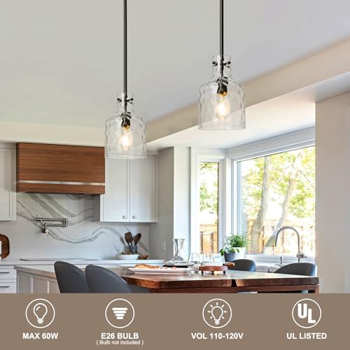 WILON Industrial Glass Pendant Lights for Kitchen Island, Modern Black Pandent Light Fixture 7" Hammered Glass Shade Farmhouse Pendant Lights Adjustable Rod Hanging Light for Kitchen Sink Dining Room - Image 3