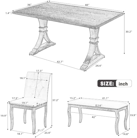 LUMISOL 6-Piece Dining Table Set with Bench, Farmhouse Kitchen Table Set with 4 Upholstered Button Tufted Chairs, Nailhead Trim & Curved Wood Legs, Natural - Image 2