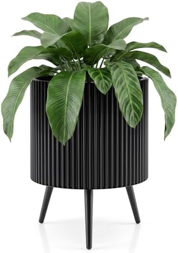 GIANTEX 16 Inch Plant Pot with Stand, Mid-Century Modern Fluted Planter by Giantex