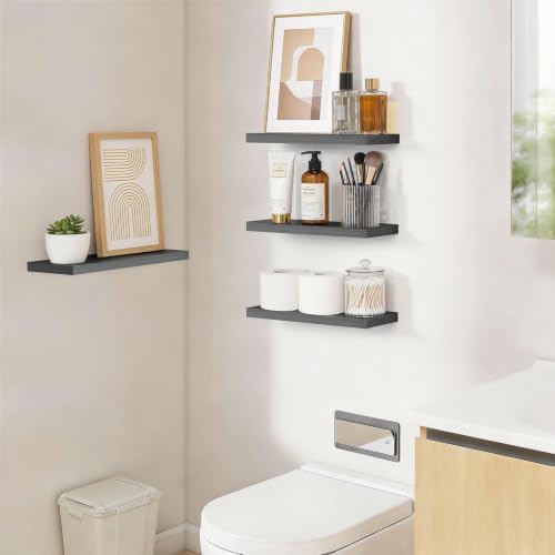 BAYKA Floating Shelves for Wall, Wall Mounted Rustic Wood Shelves for Bathroom, Bedroom, Living Room, Kitchen,Small Hanging Shelf for Books/Storage/Room Decor (Grey, Set of 3, 15.7in) - Image 6