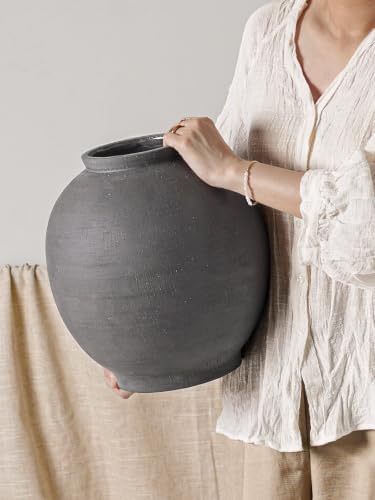 Black Ceramic Vase - Large 12.5 Inch Round Floor Vase for Centerpieces, Farmhouse Flower Vases, Rustic Minimalist Home Decor,Sandstone Dark Grey - Image 4