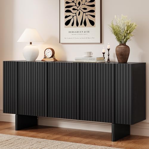 ONBRILL 63" Fluted Sideboard Cabinet with Storage Adjustable Shelves Black by ONBRILL