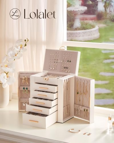 Lolalet Large Jewelry Box, 6-Layer Jewelry Organizer with 5 Drawers -Beige - Image 5