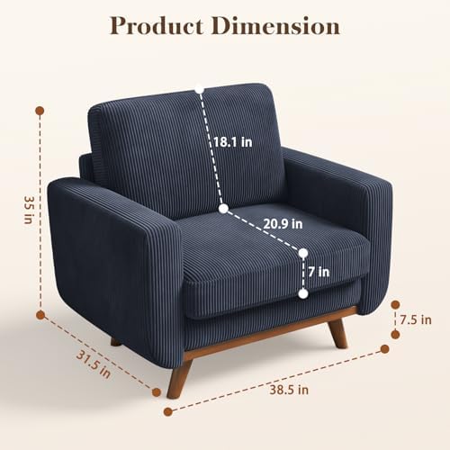 Vesgantti 38.5" Accent Chair Dark Blue, Comfy Corduroy Single Sofa Seat with Spring Cushion, Upholstered Armchair with Deep Seat, Reading Chair for Adults, Modern Sofa for Living Room, Bedroom - Image 2