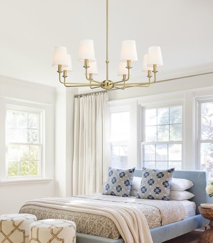40.5'' 8-Light Brushed Gold Chandelier, E12 Base, White Fabric Shade - Farmhouse & Industrial Style Pendant Light for Dining Room Living Room Bedroom Kitchen - Image 4