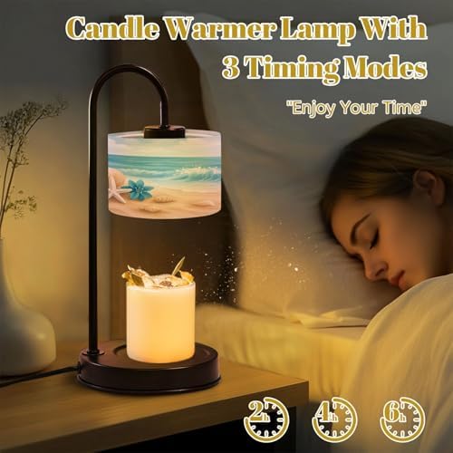 Candle Warmer Lamp with Timer Ocean Waves Sea Shells Starfish Coastal Beach Seashells Blue Flowers Dimmable Wax Warmer with 4 Bulbs for Jar Candles Women Birthday Gifts House Warming New Home Decor - Image 4