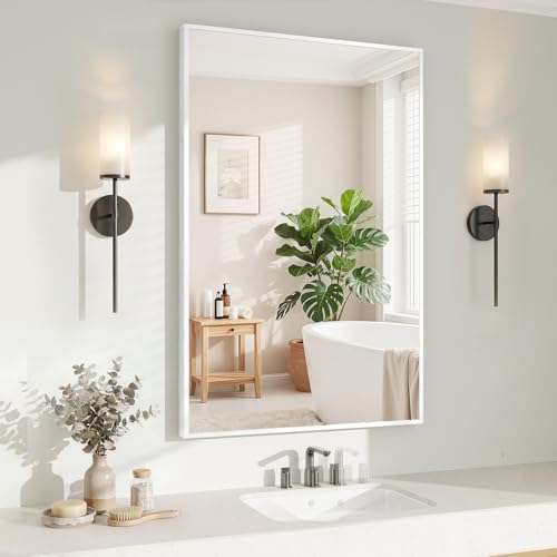 Koonmi White Rectangle Wall Mirror, 26x38 Inch Bathroom Mirror, Aluminum Frame Vanity Mirror for Entryway, Living Room, Bedroom Bathroom, Hangs Horizontally or Vertically by KOONMI