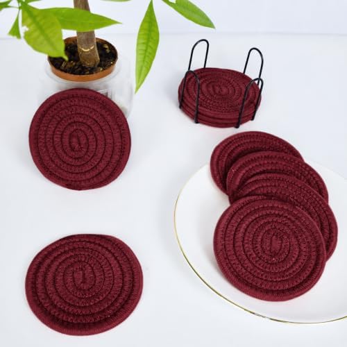 ABenkle 8 Pcs Drink Coasters with Holder, Cotton Woven Absorbent Coasters for Drinks, Minimalist Home Decor Coaster Set for Wooden Tabletop Protection Table, 4.3 inches - Image 7