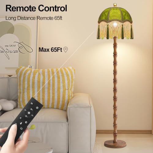QIYIZM Vintage Floor Lamp for Living Room,Bedroom,Fringe Standing Lamp with Remote Dimmable,Green Mid Century Gold Tall Lamp Boho Retro Wood Tassel Flower Unique Lamp Tiffany Decor - Image 3