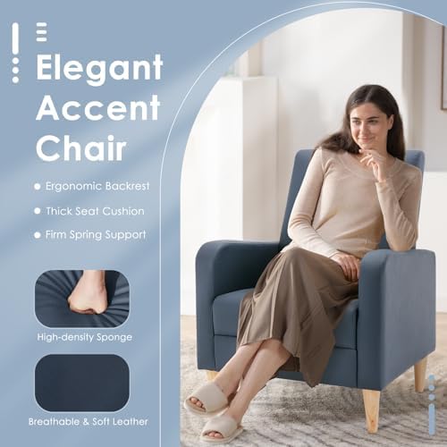 COLAMY Mid-Century Modern Accent Chairs Set of 2, Faux Leather Upholstered Living Room Chairs with Back Pillow & Solid Wood Legs, Comfy Armchair for Living Room, Bedroom, Single Sofa, Dark Blue - Image 4