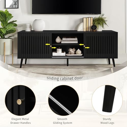 Oubayajia Mid Century Modern TV Stand for Televisions up to 70 Inches, with Sliding Doors and Storage, Television Stands, TV Consoles, Media Consoles for Living Room, 63 Inch (Black) - Image 5