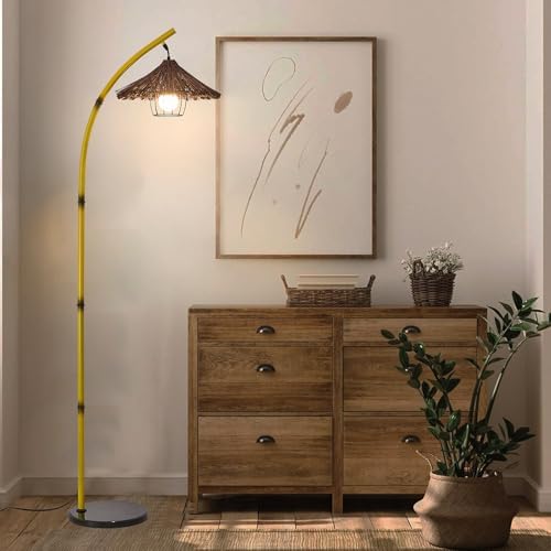 beaysyty Bamboo Floor lamp Mid Century Rattan Retro Floor lamp Bohemian,Arc Floor Lamps for Living Room Tall Reading Lamps Antique Rattan Style for Bedroom Dining Room Farmhouse Study (Yellow) - Image 6