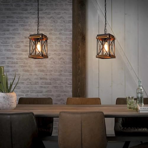 Rustic Farmhouse Wood Pendant Light Fixture One-Light Adjustable Chain Oak Wood and Metal Lantern Cage Small Pendant Lighting for Kitchen Island Sink Hallway Farmhouse Bathroom Bar, Black - Image 2