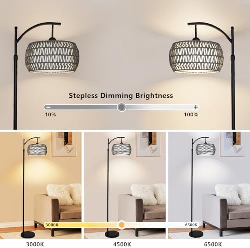 Arc Floor Lamp for Bedroom, Boho Standing Lamp with Remote & LED Smart Bulb, Rattan Floor Lamps for Living Room with 3 Color Temperatures, Height Adjustable Corner Tall Lamp, Stand up Light for Office - Image 2