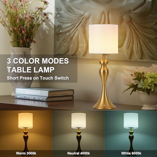 Cordless Table Lamp Rechargeable, Battery Fabric Bedside Touch Light, Brass - Image 4