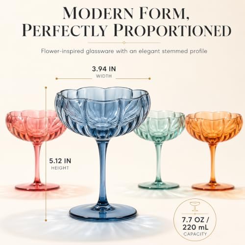 Khen Flower Modern Wavy Glass Coupes Martini, Champagne & Cocktail Coupes - Set of 4-7.7 oz Colorful Cocktail Glasses for Champagne, Prosecco, Mimosa - Copyright Design - Muted Pastel Colors - Image 6