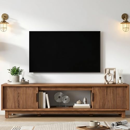 Fluted TV Stand, Mid Century Modern TV Stands for Living Room, Walnut Entertainment Center for 55/60/65 Inch TV, Media Console with Storage Cabinets and Open Shelves, 58" Long by BRITEMART