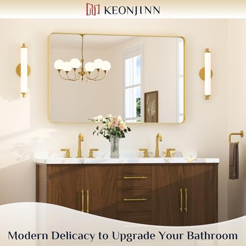 Keonjinn 48 x 30 Inch Brushed Gold Bathroom Vanity Mirror, Aluminum Frame - Image 2