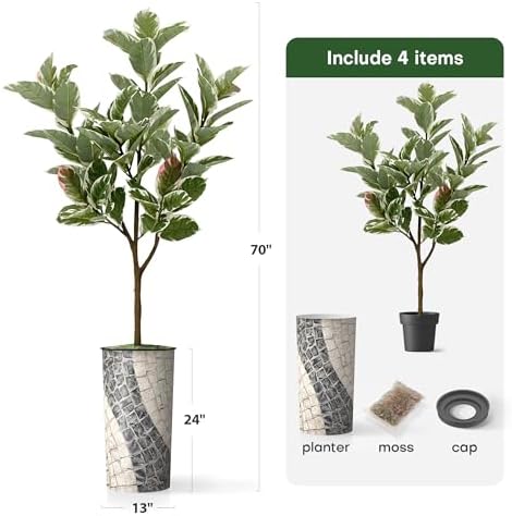 Artificial Tree in Geometric Pattern Planter, Fake Rubber Silk TRE for Indoor and Outdoor Home Decoration - 70" Overall Tall (Plant Pot Plus Tree) - Image 5