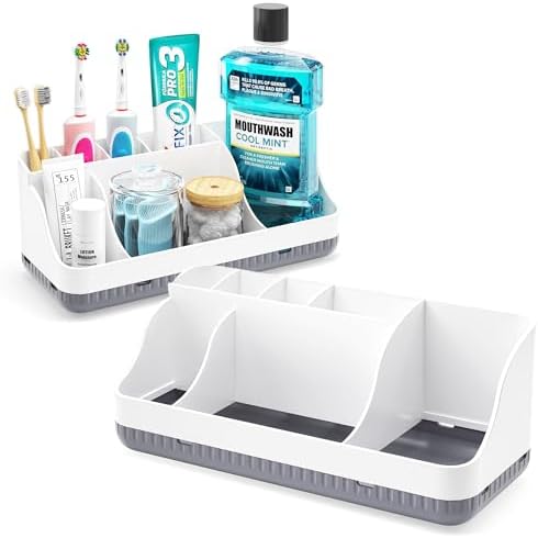 Bathroom Counter Organizer and Storage, 7 Slots Detachable Toothbrush Holders for Bathrooms, Anti-Slip Electric Toothbrush and Toothpaste Holder Countertop Vanity Organizer Accessories for Adults Kids by Homtalker