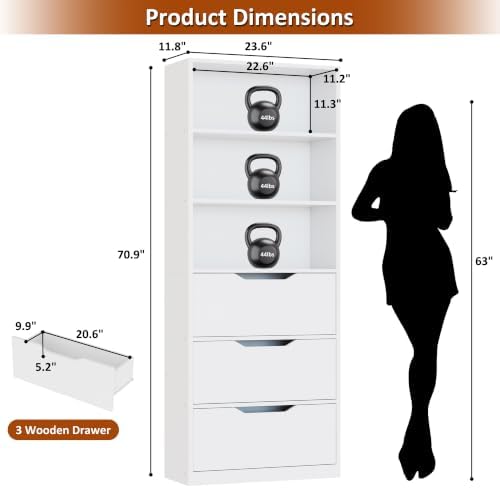Shintenchi Bookshelf,6-Tier Bookcase with 3 Drawers, 6 Shelf Display Storage Shelves Floor Standing 70.6 inches Tall Bookcase for Home Office, Living Room (White) - Image 3