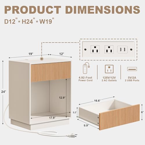 Fluted Nightstands Set of 2, Night Stand with Charging Station, Modern Bed Side Table with Drawer and Storage Shelf, Wood Mid Century End Table for Bedroom Living Room (White&Oak) - Image 3