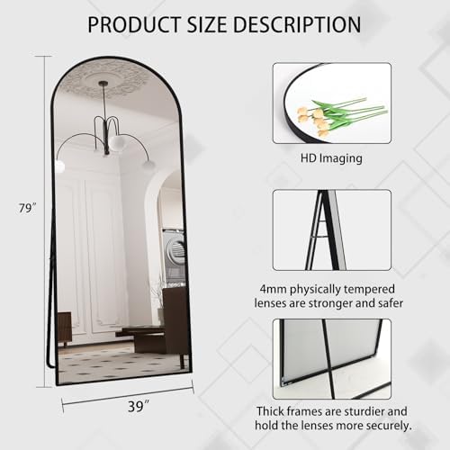 Beauty4U 79" x 39" Arched Full Length Mirror with Stand, Black Floor Mirror - Image 3