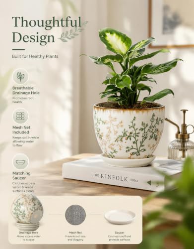 Retro Ceramic Garden Pots, 5.8 Inch Plant Pots with Drainage and Attached Saucer Set of 4, Chinoiserie Floral Large Flower Pots for Home Decor, Plant Lover Gifts, White Green - Image 2
